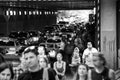 Toronto, Canada - 07 01 2022: Hurrying people and cars lined up in the crammed tunnel under Union Station building in