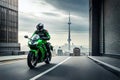 Toronto, Canada â July 28, 2020: A Kawasaki Ninja green and black motorcycle in a showroom Ai genrated