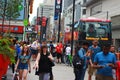 Toronto, Canada- July 07, 2018 Red double-decker sightseeing tour bus driving trough downtown in the city
