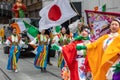 Colorful Japanese dancers marching in the annual St Patrick\'s Day parade down Queen Street