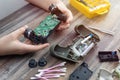 Close up of disassemble game controller repairing, cleaning or diagnostic. Royalty Free Stock Photo