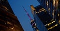 Toronto, Canada - May 6, 2023: Beautiful night view of the Toronto CN Tower architectural landmark in Ontario. Beautiful