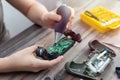 Close up of disassemble game controller repairing, cleaning or diagnostic. Royalty Free Stock Photo
