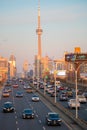 Toronto, Canada - November 26, 2019 : Cars driving on the Gardiner Expressway  looking towards downtown Toronto and the CN tower. Royalty Free Stock Photo