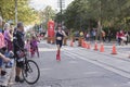 TORONTO, ON/CANADA - OCT 22, 2017: Marathon runner Frederic Bouchard passing the 33km turnaround point at the 2017 Scotiabank Tor