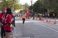 TORONTO, ON/CANADA - OCT 22, 2017: Marathon runner Jean-Philippe passing the 33km turnaround point at the 2017 Scotiabank Toronto