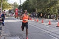 TORONTO, ON/CANADA - OCT 22, 2017: Marathon runner Jean-Philippe passing the 33km turnaround point at the 2017 Scotiabank Toronto