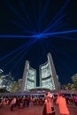 Light tipi display at Nuit Blanche above the Toronto 3-D sign at Nathan Philips Square.