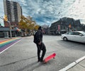 person on city street Toronto with skateboard