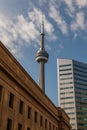 Toronto, CANADA - October 10, 2018:View of the streets of Toronto with The CN Tower, a 553.3 m-high concrete communications and o Royalty Free Stock Photo