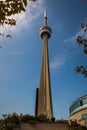 Toronto, CANADA - October 10, 2018:View of the streets of Toronto with The CN Tower, a 553.3 m-high concrete communications and o Royalty Free Stock Photo