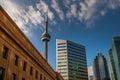 Toronto, CANADA - October 10, 2018:View of the streets of Toronto with The CN Tower, a 553.3 m-high concrete communications and o Royalty Free Stock Photo