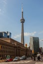 Toronto, CANADA - October 10, 2018:View of the streets of Toronto with The CN Tower, a 553.3 m-high concrete communications and o Royalty Free Stock Photo