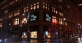 Toronto, Canada - 10 30 2021: Rainy misty night view on 176 Yonge Street Hudsons Bay Queen Street building in downtown