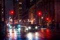 Toronto, Canada - 10 30 2021: Rainy night view along Yonge street from King street in downtown Toronto with a cyclist in