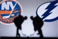 TORONTO, CANADA, SEPTEMBER. 11. 2020: NHL Stanley Cup conference Final, New York Islanders vs Tampa Bay Lightning. Silhouette Royalty Free Stock Photo