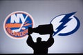 TORONTO, CANADA, SEPTEMBER. 11. 2020: NHL Stanley Cup conference Final, New York Islanders vs Tampa Bay Lightning. Silhouette Royalty Free Stock Photo