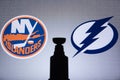 TORONTO, CANADA, SEPTEMBER. 11. 2020: NHL Stanley Cup conference Final, New York Islanders vs Tampa Bay Lightning. Silhouette Royalty Free Stock Photo