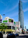 Toronto, Canada: Streetscape with tall glass office and condominium tower on Yonge street
