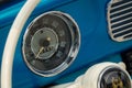 TORONTO, CANADA - 08 18 2018: Stylish speedometer dial on the front panel of blue 1955 Volkswagen Beetle oldtimer car on display Royalty Free Stock Photo