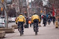 TORONTO, CANADA - 01 04 2020: Toronto Police bicycle patrol officers guarding the University avenue in Downtown Toronto