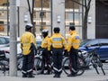 TORONTO, CANADA - 01 04 2020: Toronto Police bicycle patrol officers guarding the University avenue in Downtown Toronto