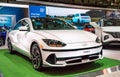 Toronto, Canada - 02 25 2023: White Hyundai Ioniq 6 electric car displayed on 2023 Canadian International AutoShow