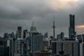 Toronto city downtown skyline, clouds over CN Tower and skyscrapers of financial district Canada Royalty Free Stock Photo