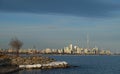 Toronto city skyline and CN Tower .