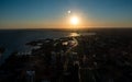 Toronto city view seen frrom cn tower during sunset with lake ontario Royalty Free Stock Photo