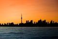 Toronto cityscape with skyscraper, waves lake water. urban skyline silhouette background. blue tone. Royalty Free Stock Photo