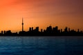 Toronto downtown cityscape with skyscraper, waves lake water. urban skyline silhouette background. blue and orange tone. Royalty Free Stock Photo