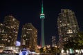 Toronto downtown, night time lights. CN tower, empty roads, lockdown period, Covid-19, neon, Harbourfront Centre