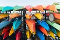 Close up shot of many colorful kayak