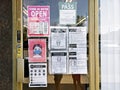 Toronto, Ontario, Canada - August 15, 2020: Warning notice on store shop door to wear protection face mask when entering.