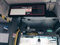 New electronic display LCD screen in city TTC Toronto Transit Comission transport bus mounted on ceiling