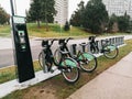 Toronto, Ontario, Canada - December 20, 2020: Rent bicycles outdoors. Smart bikes parked outside on city street. Bicycle sport