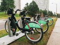 Toronto, Ontario, Canada - December 20, 2020: Rent bicycles outdoors. Smart bikes parked outside on city street. Bicycle sport