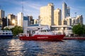 Toronto, Ontario, Canada - 2019 06 09: Toronto Fire Rescue red boat beside the pier in front of Toronto Fire Marine Royalty Free Stock Photo