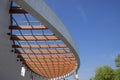 Low angle view of modern design building exterior with a blue sky background Royalty Free Stock Photo