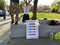 TORONTO, ONTARIO, CANADA - MAY 14, 2021: ANTI-MASK, ANTI-LOCKDOWN, ANTI-VACCINE AND COVID DENIERS PROTEST