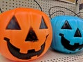 Lots of halloween related items including pumpkin loot containers for sale in a store in Toronto, Ontario.