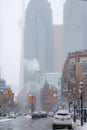 Toronto, Ontario - December 2, 2019 : Looking down Front street towards the Gooderham flatiron building Royalty Free Stock Photo