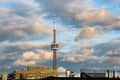 Dramatic colorful clouds over the CN Tower and Toronto skyline just before sunset Royalty Free Stock Photo