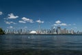 Toronto skyline from Central Island over Lake Ontario with CN tower, Rogers Centre and financial city Royalty Free Stock Photo