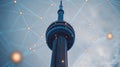 Toronto Skyline Featuring Iconic CN Tower Silhouetted Against a Blue Digital Network Background Royalty Free Stock Photo