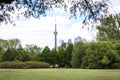 Toronto skyline with modern tall financial buildings in the background. Resting in the park