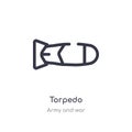 torpedo outline icon. isolated line vector illustration from army and war collection. editable thin stroke torpedo icon on white Royalty Free Stock Photo