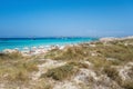 Torquoise color of the water with white sand in sunny day the Ses Illetes beach full of people Royalty Free Stock Photo
