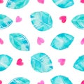 Torquoise green leaves and hearts, seamless pattern. Royalty Free Stock Photo